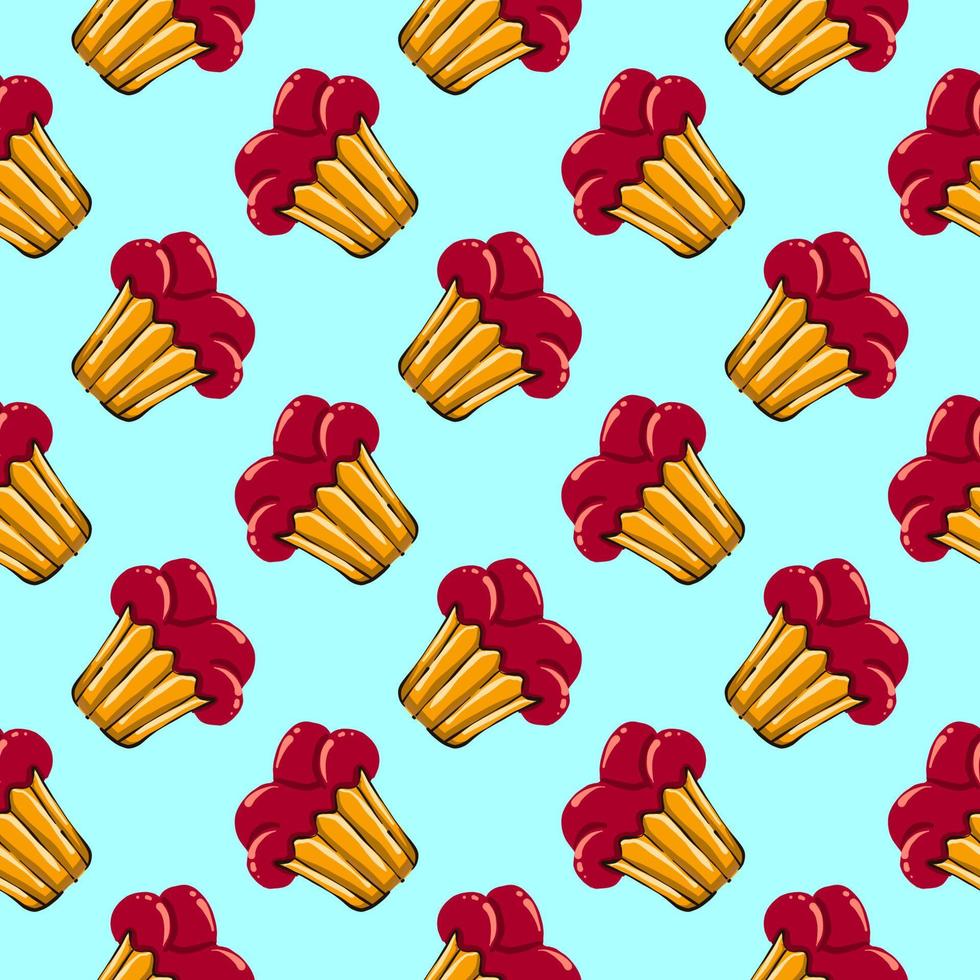 Red velvet cupcake,seamless pattern on light blue background. vector