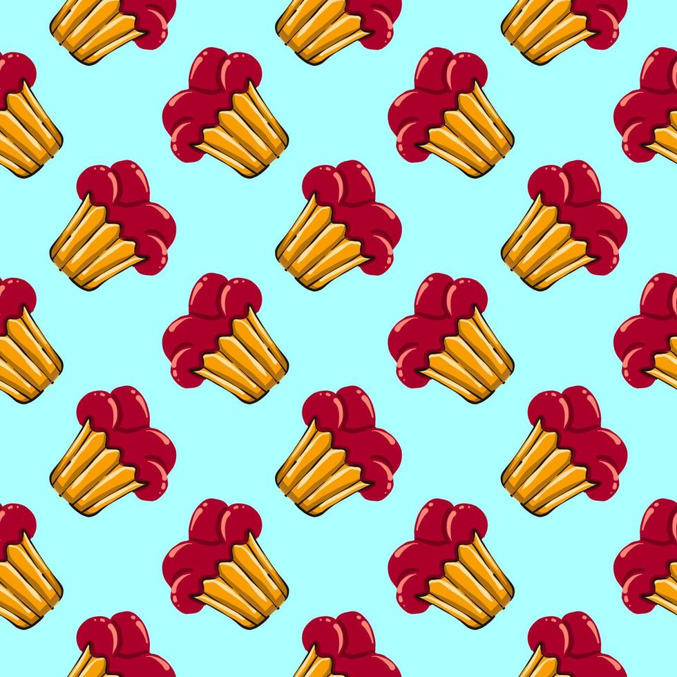 Red velvet cupcake,seamless pattern on light blue background. vector