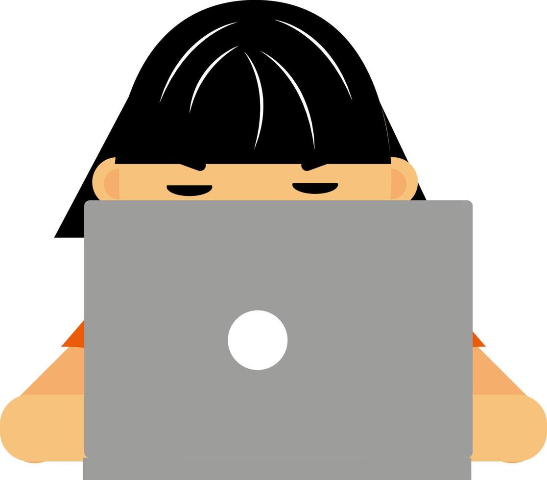 Black haired girl with grey laptop, illustration, vector on a white background.