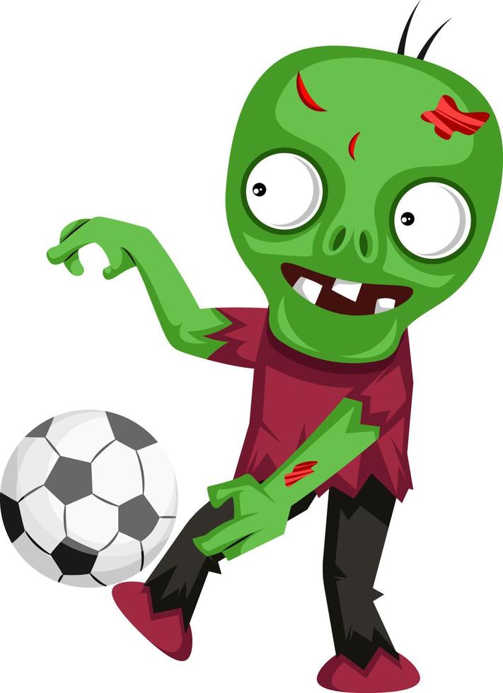 Zombie con fútbol, ilustración, vector sobre fondo blanco.