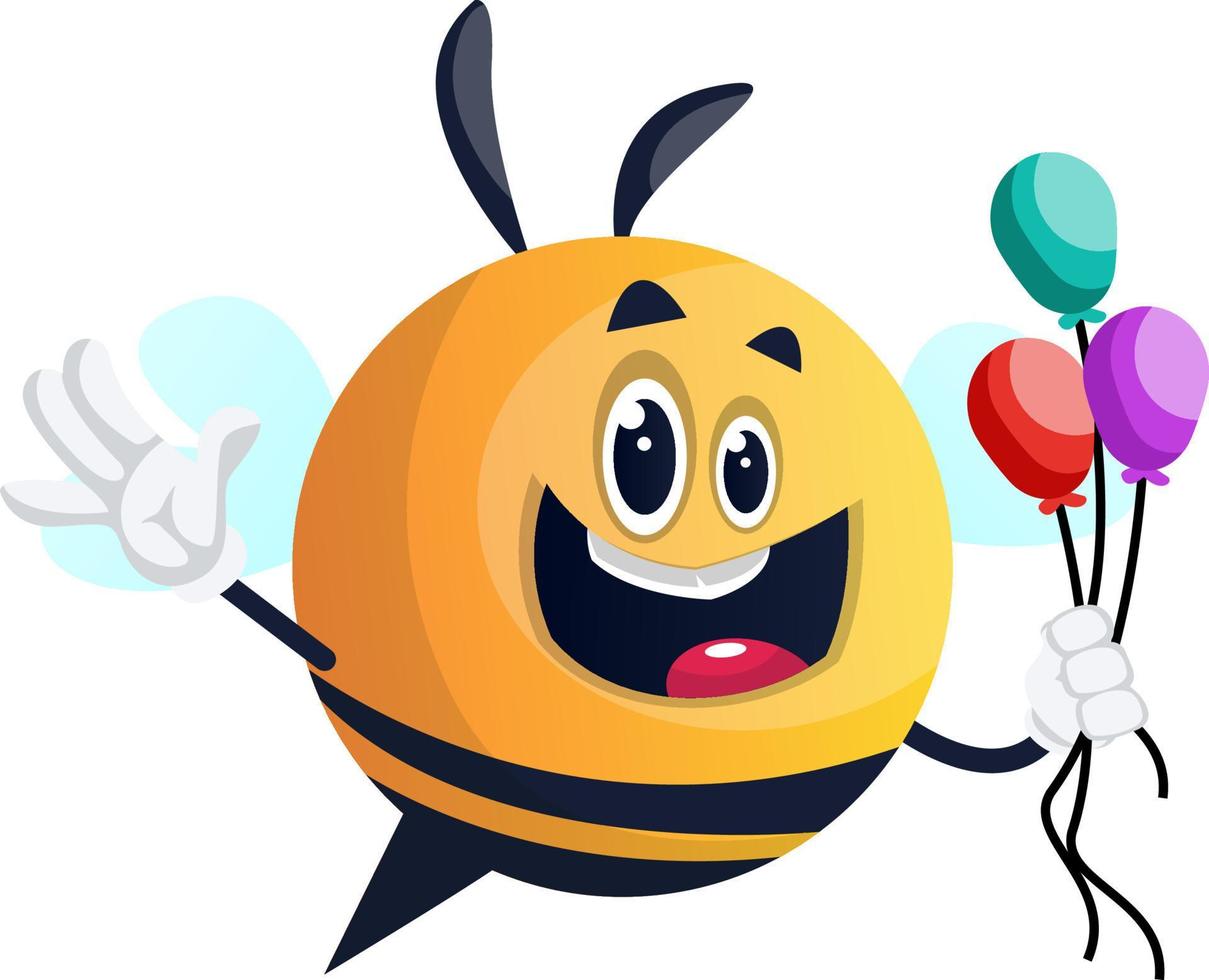 abeja sosteniendo globos, ilustración, vector sobre fondo blanco.