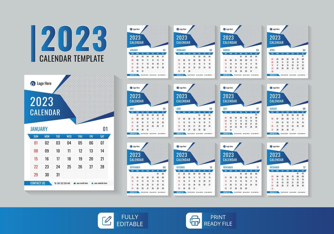 Creative Modern new year 2023 wall calendar design template. Business or office calendar layout Pro Vector