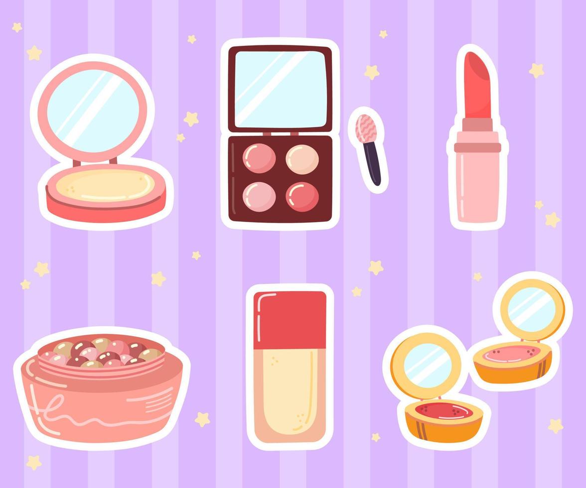 Hand drawn cosmetics set. Cute make up products. Lipstick, eye shadow, powder. Colorful vector illustrations.