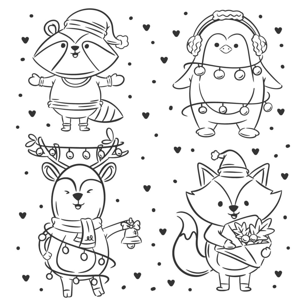 colección de personajes de animales de navidad dibujados a mano para colorear vector