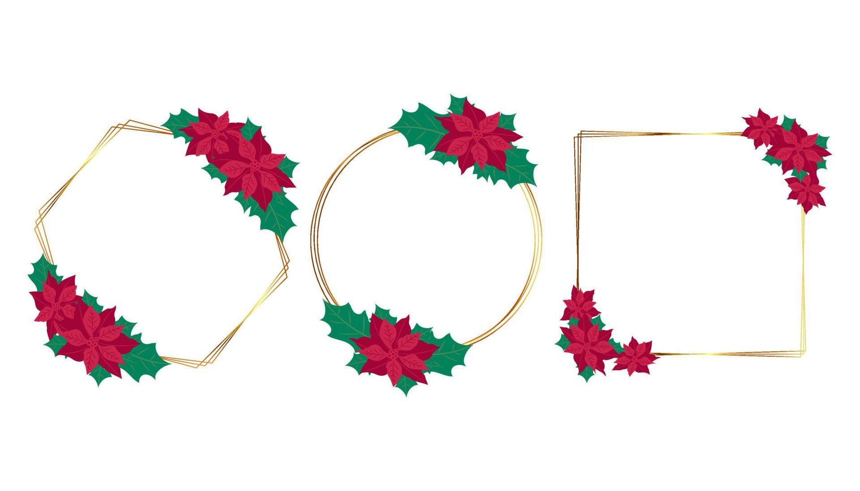 Vector Gold Christmas frames with poinsettia flowers.