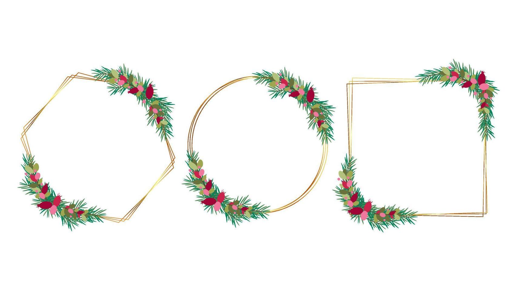 Vector Gold Christmas frame with Spruce Branches and Briar