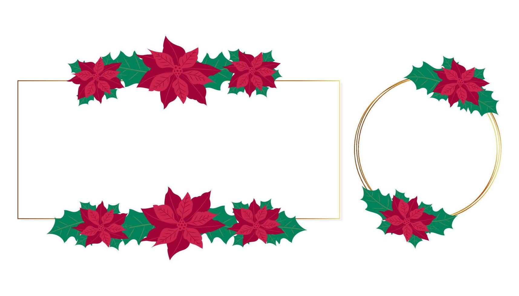 Vector Gold Christmas frames with poinsettia flowers.