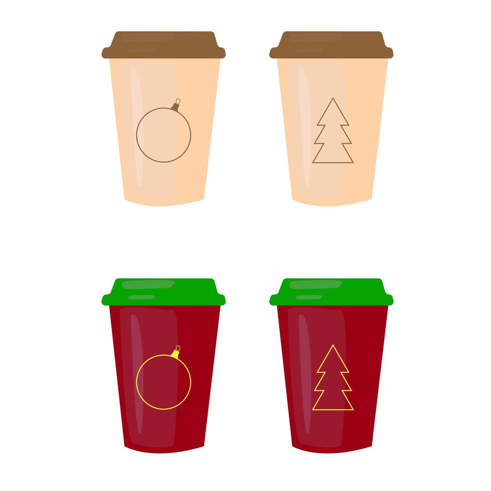 Christmas  Set paper cups for coffee. Coffee to go for the winter menu. Vector illustration isolated on white background