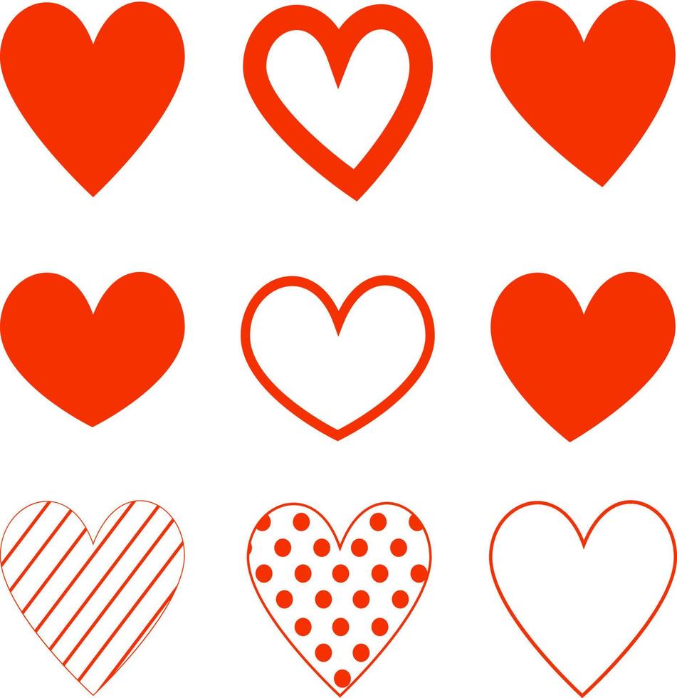 Heart hand drawn different red icons set, collection of hearts. Love symbols. Vector illustration
