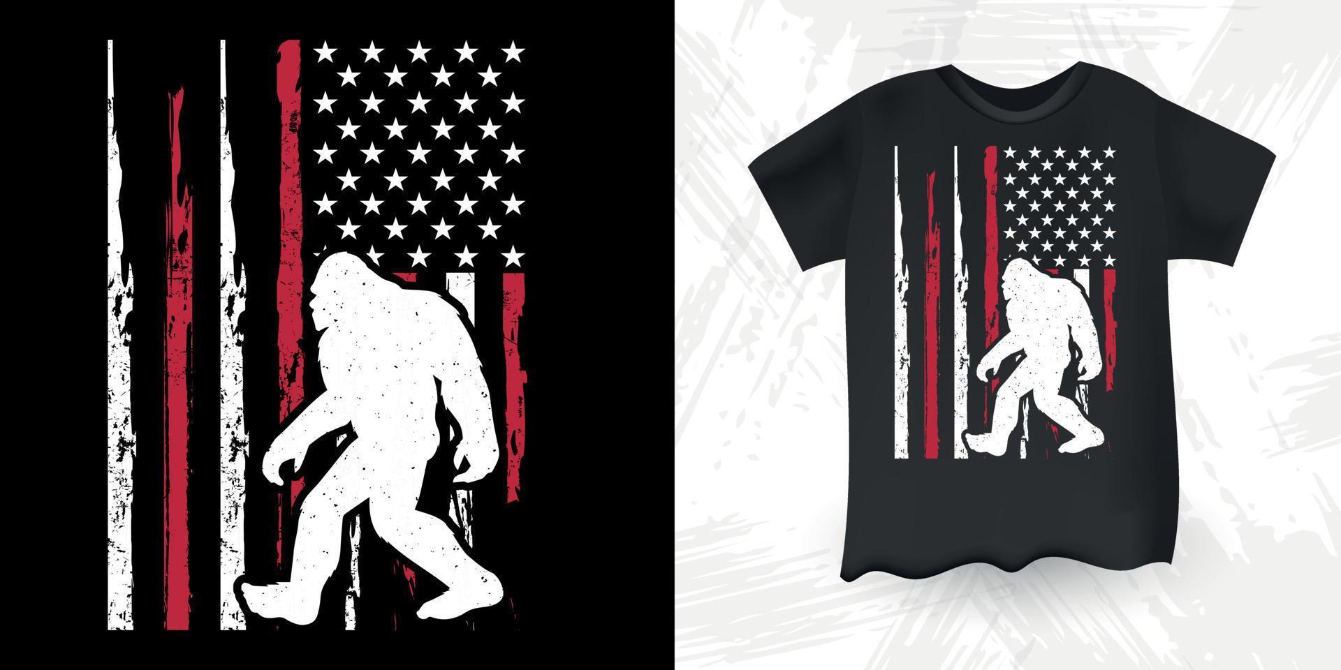 Funny Sasquatch Retro Vintage American Flag Bigfoot T-Shirt Design vector