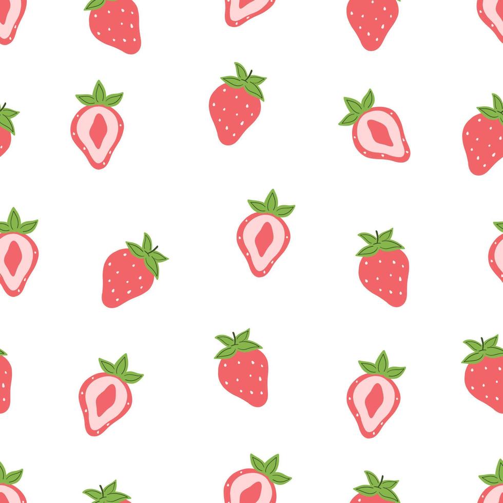 Seamless pattern with strawberry on white background. Exotic fruit fashion print. Hand drawn doodle repeating berries. Tropical wallpaper vector