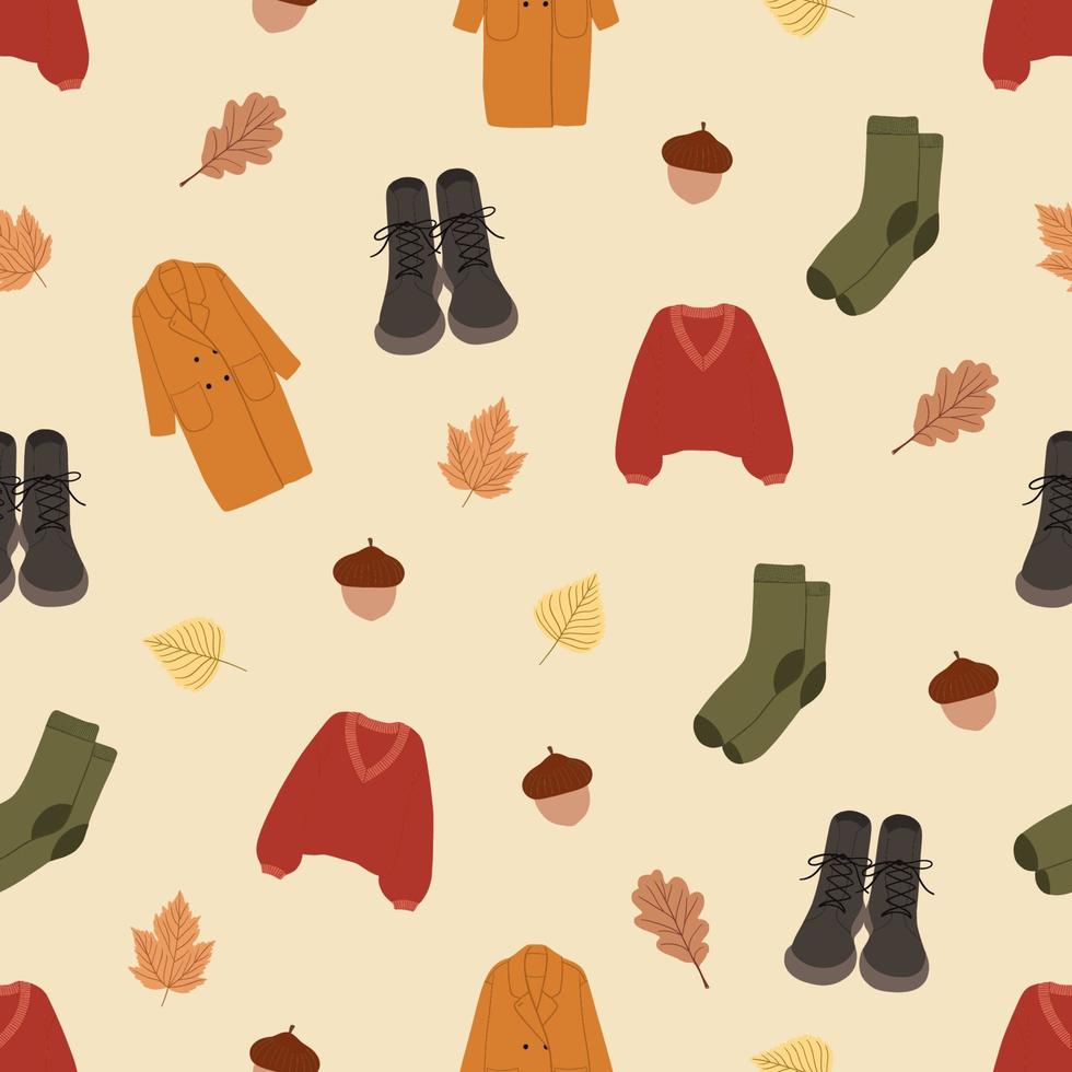 colección de diferentes prendas de otoño. suéter casual, abrigo, botas, calcetines. patrón sin costuras ilustración vectorial gráfica plana vector