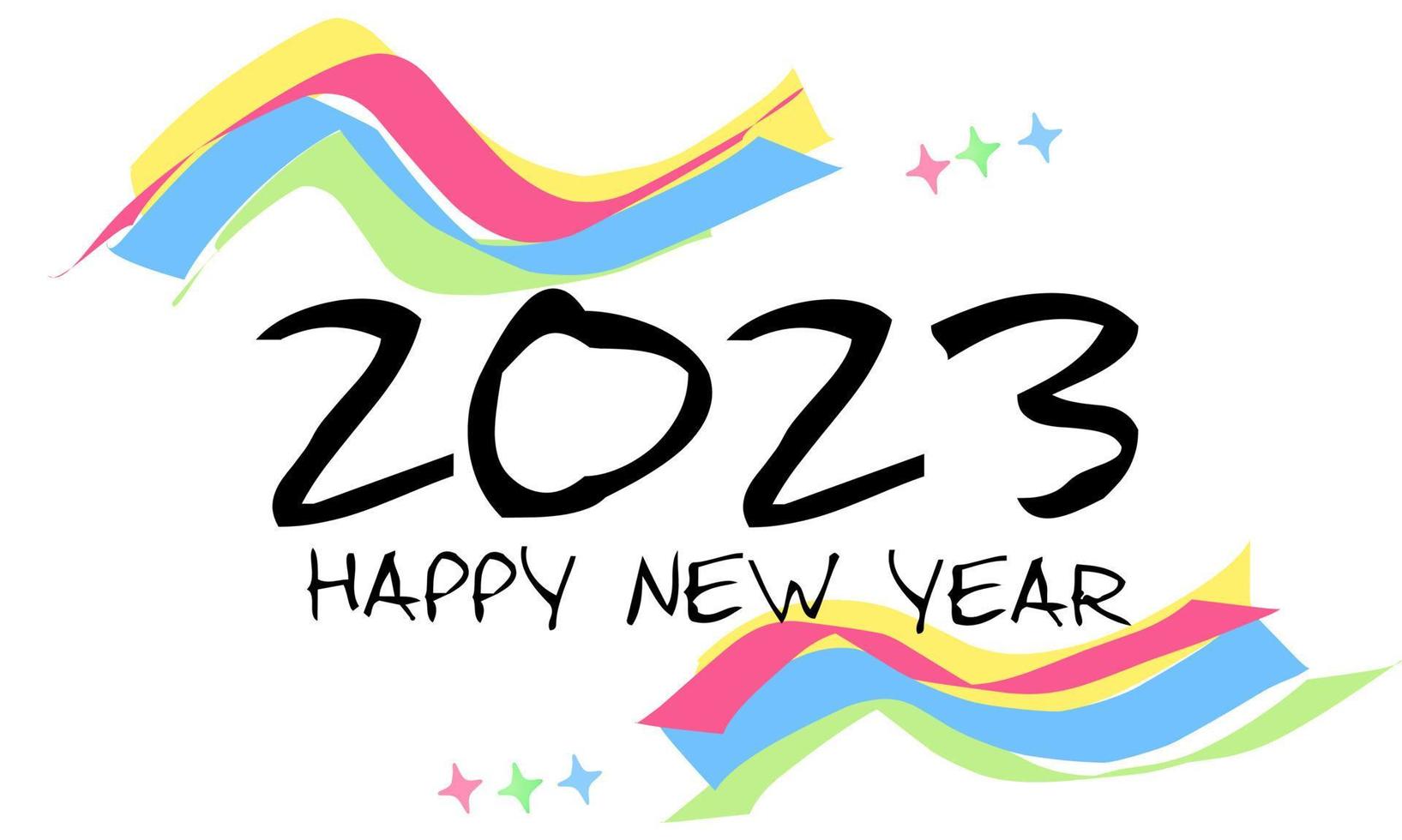 ilustración vectorial, feliz año nuevo 2023. año 2023 escrito a mano con trazos de crayón de colores. para carteles, folletos, pancartas, web, invitación o tarjeta de felicitación, aislado en fondo blanco vector