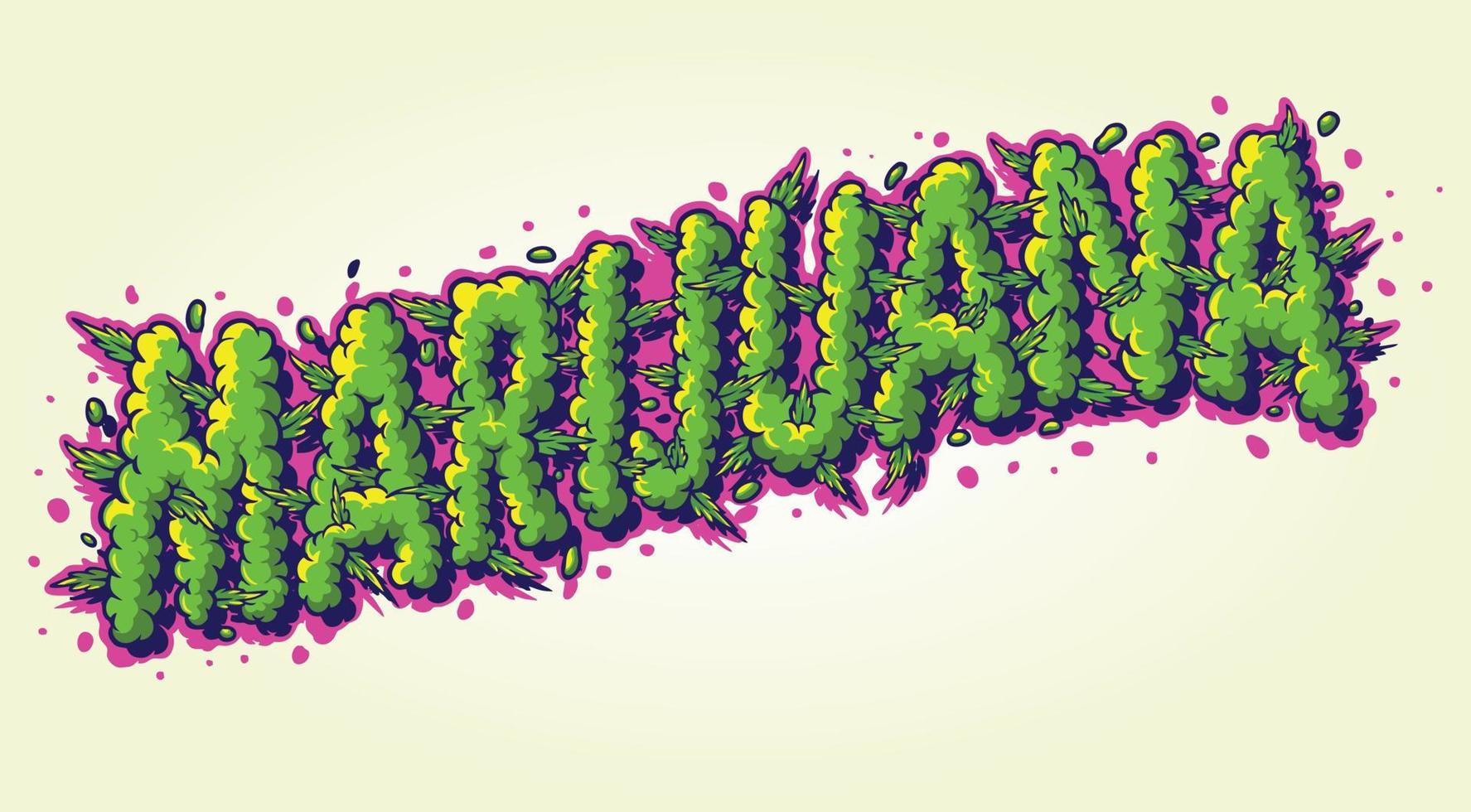 palabras de letras marihuana con ilustración de efecto de hierba de humo vector