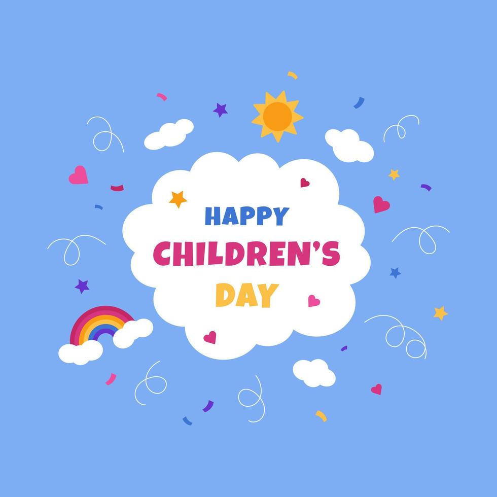 feliz día del niño en el fondo de un cielo azul con nubes. colorida tarjeta de felicitación con nubes, confeti y arco iris. día internacional del niño. vector