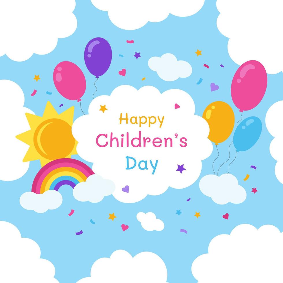 feliz día del niño en el fondo de un cielo azul con nubes. colorida tarjeta de felicitación con nubes, globos y un arco iris. día internacional del niño. vector