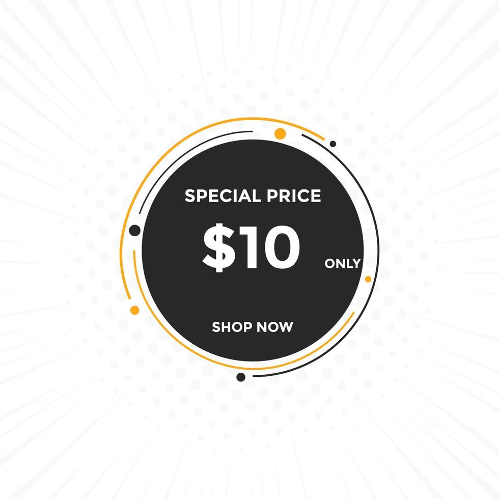 10 USD Dollar Month sale promotion Banner. Special offer, 10 dollar month price tag, shop now button. Business or shopping promotion marketing concept vector