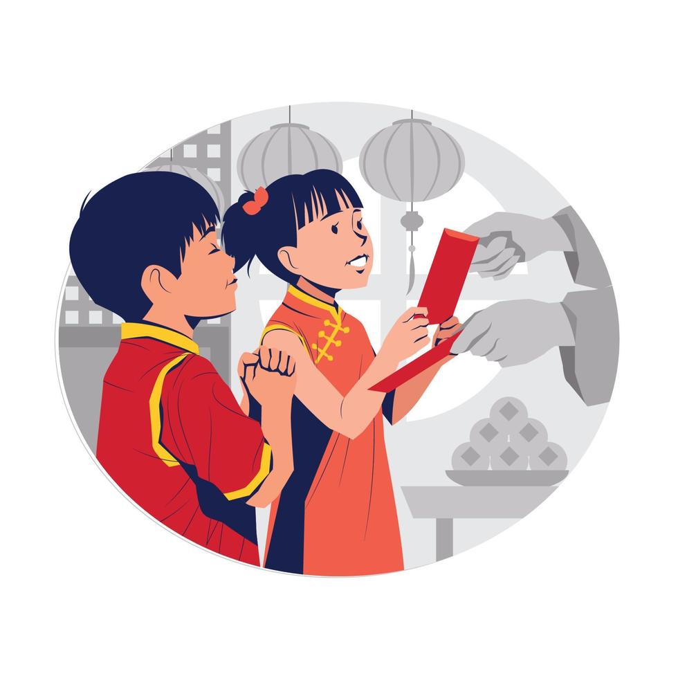 Asian Children Receiving Red Envelope in Chinese New Year Concept vector