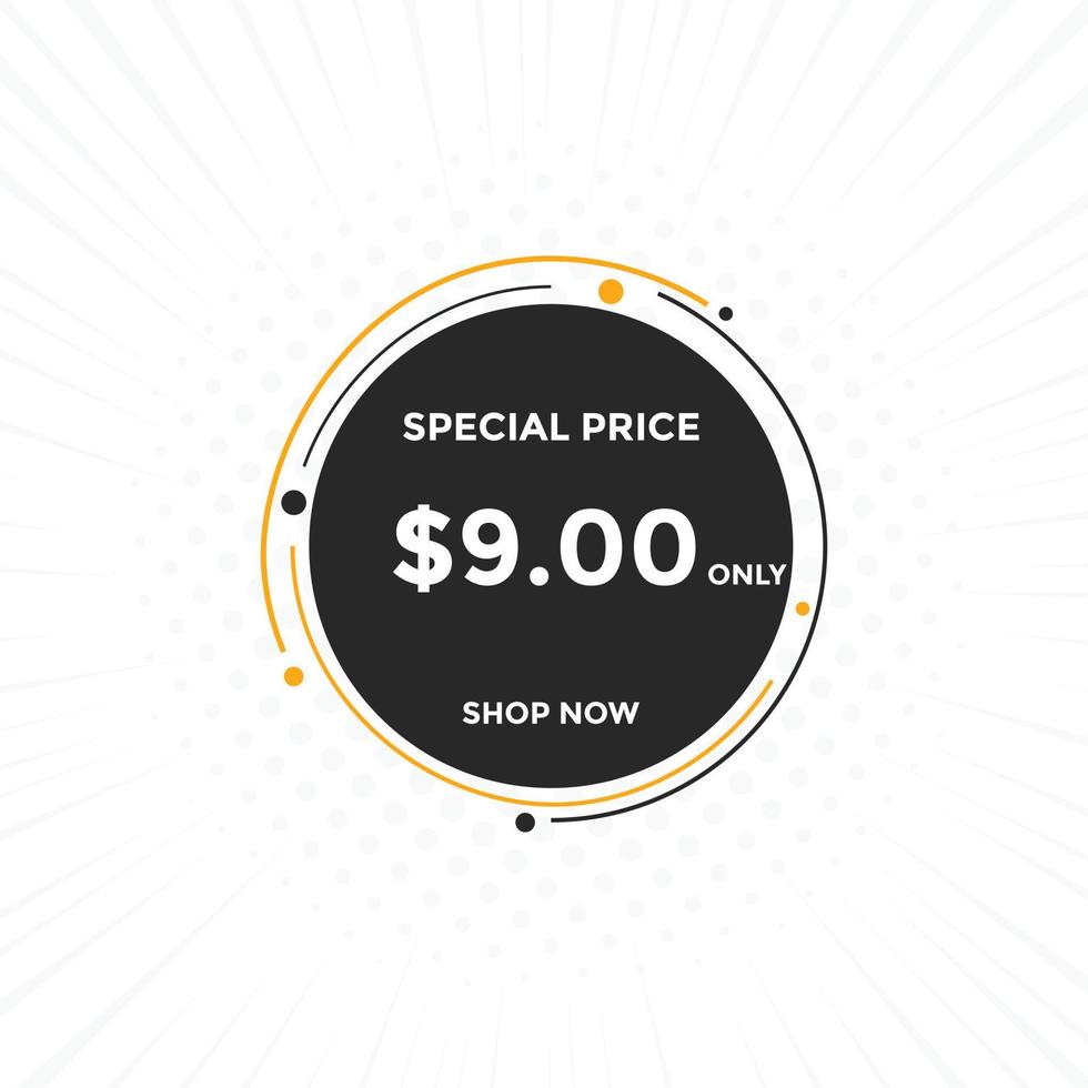 9 USD Dollar Month sale promotion Banner. Special offer, 9 dollar month price tag, shop now button. Business or shopping promotion marketing concept vector