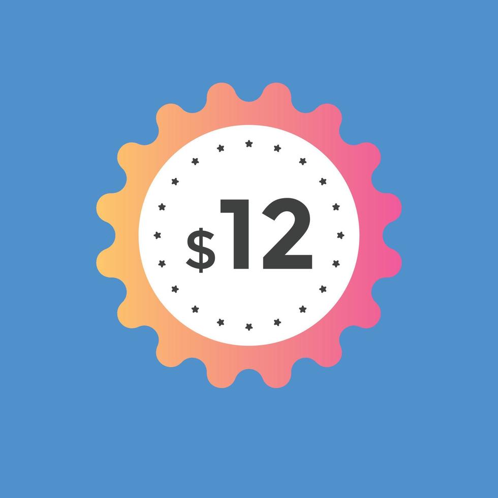 12 dollar price tag. Price 12 USD dollar only Sticker sale promotion Design. shop now button for Business or shopping promotion vector