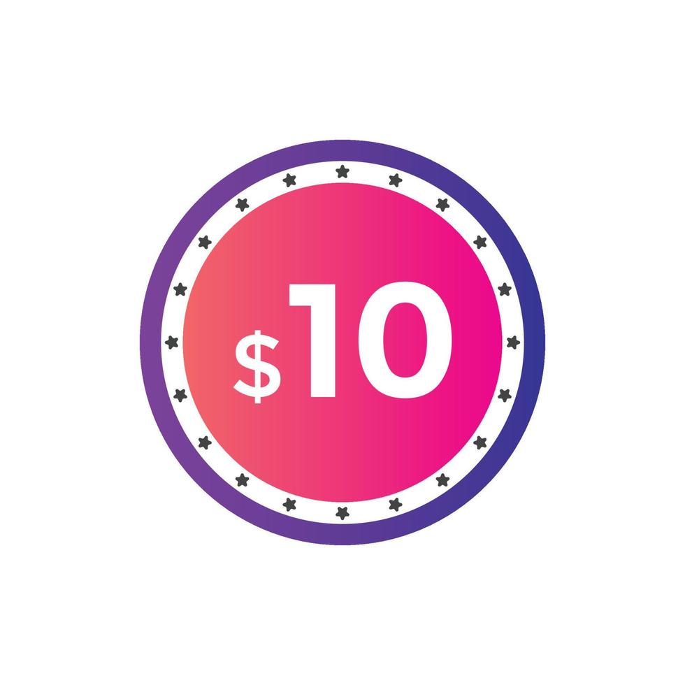 10 dollar price tag. Price 10 USD dollar only Sticker sale promotion Design. shop now button for Business or shopping promotion vector