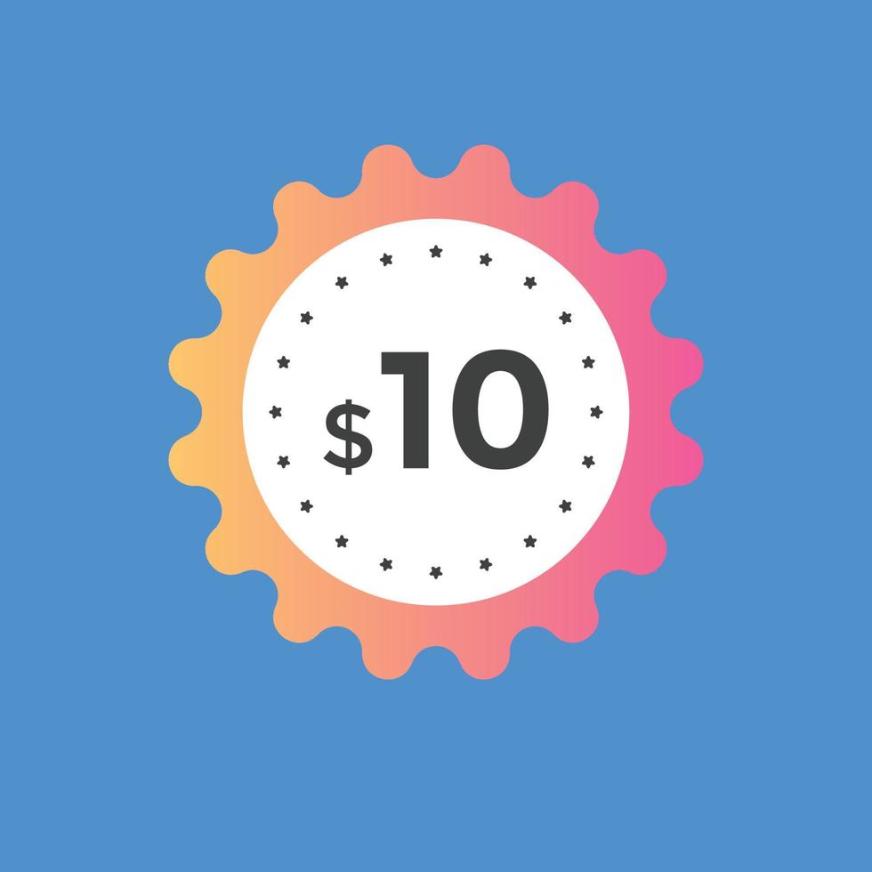 10 dollar price tag. Price 10 USD dollar only Sticker sale promotion Design. shop now button for Business or shopping promotion vector