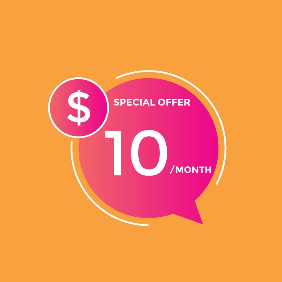 10 USD Dollar Month sale promotion Banner. Special offer, 10 dollar month price tag, shop now button. Business or shopping promotion marketing concept vector