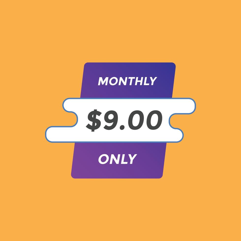 9 USD Dollar Month sale promotion Banner. Special offer, 9 dollar month price tag, shop now button. Business or shopping promotion marketing concept vector