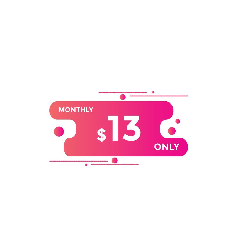 13 USD Dollar Month sale promotion Banner. Special offer, 13 dollar month price tag, shop now button. Business or shopping promotion marketing concept vector