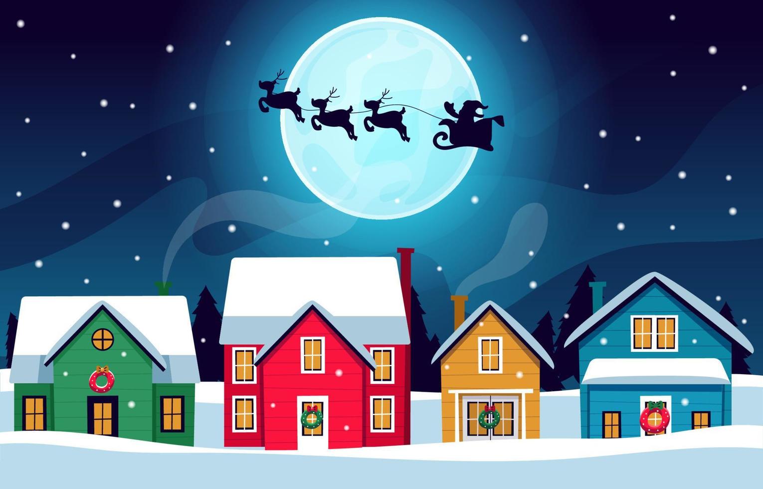 Santa's Silhouette Flying Above Houses vector