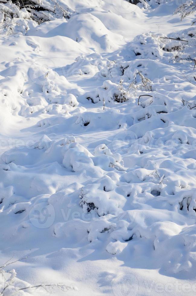 Fragment of the road, covered with a thick layer of snow. The texture of the glistening snow cover photo