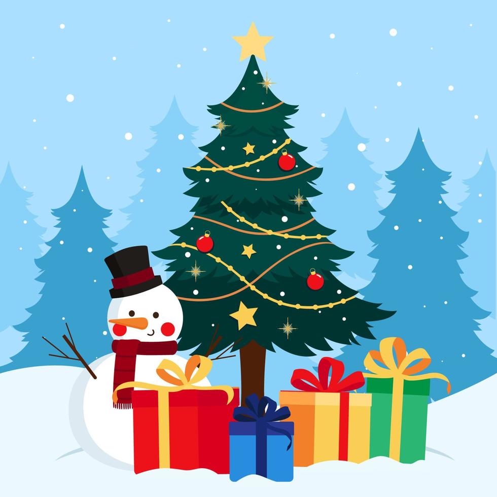 Christmas Tree with Gifts and Snowman vector