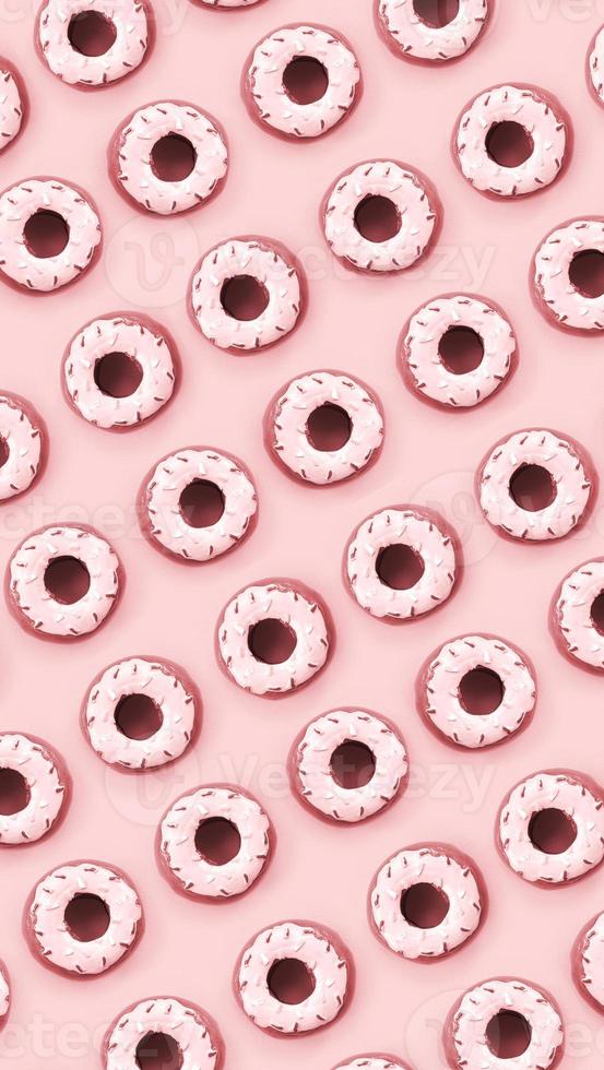 Many small plastic donuts lies on a pastel colorful background. Flat lay minimal pattern. Top view photo