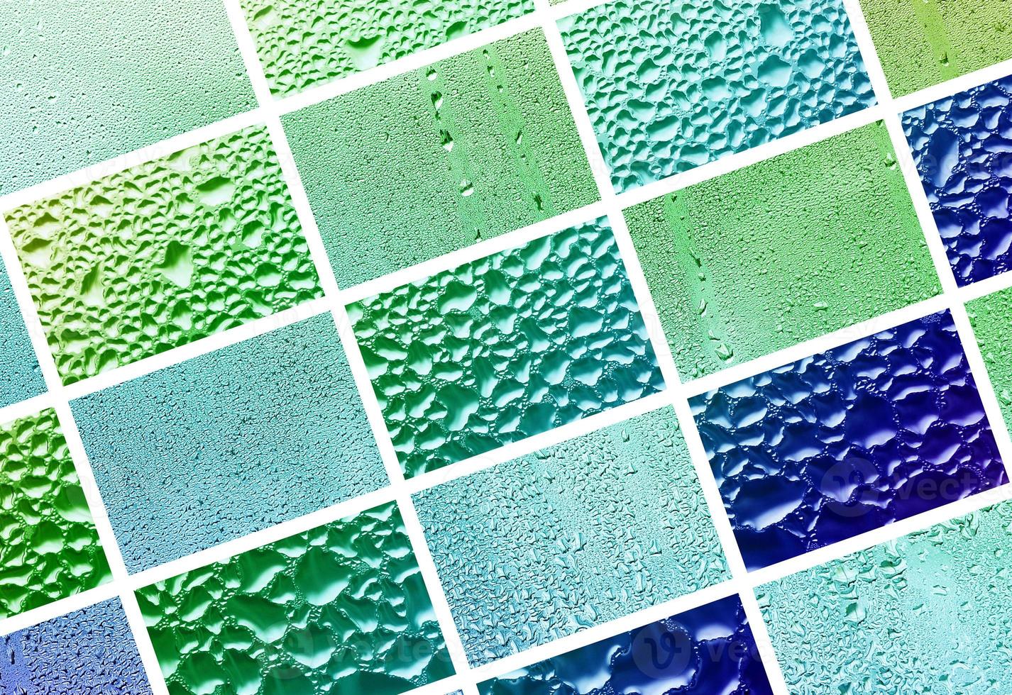 A collage of many different fragments of glass, decorated with rain drops from the condensate. Spring tones with green and blue colors photo