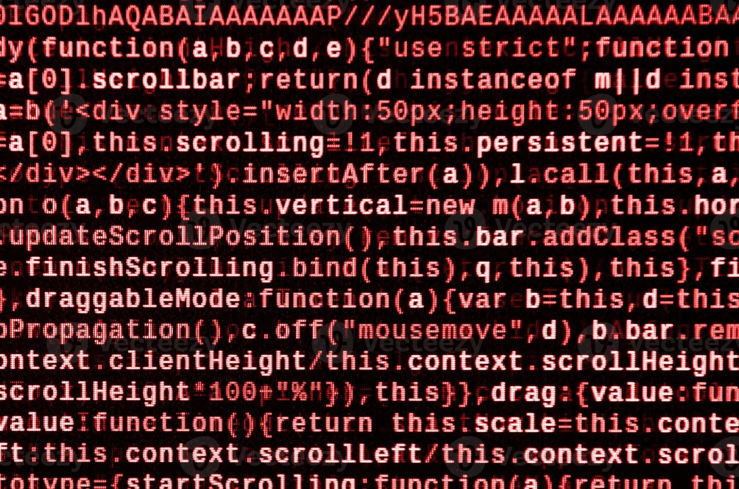 Writing programming code on laptop. Digital binary data on computer screen photo