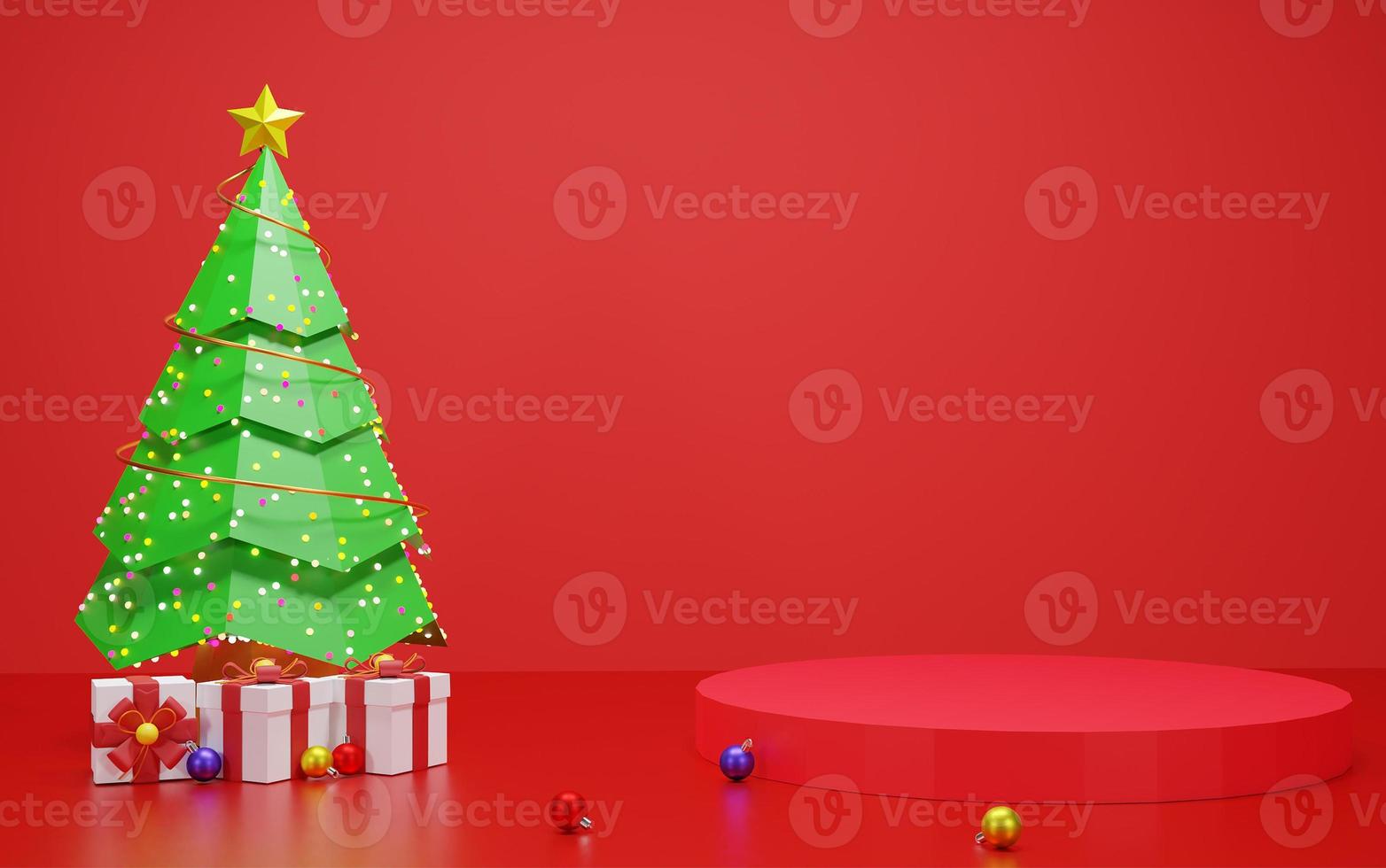 Modern red podium web banner with christmas tree design photo