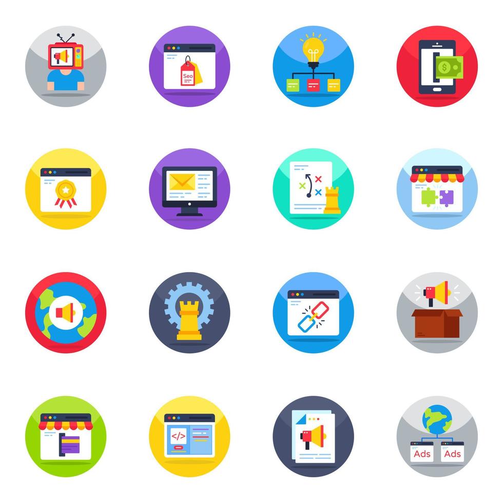 paquete de iconos planos de marketing digital vector