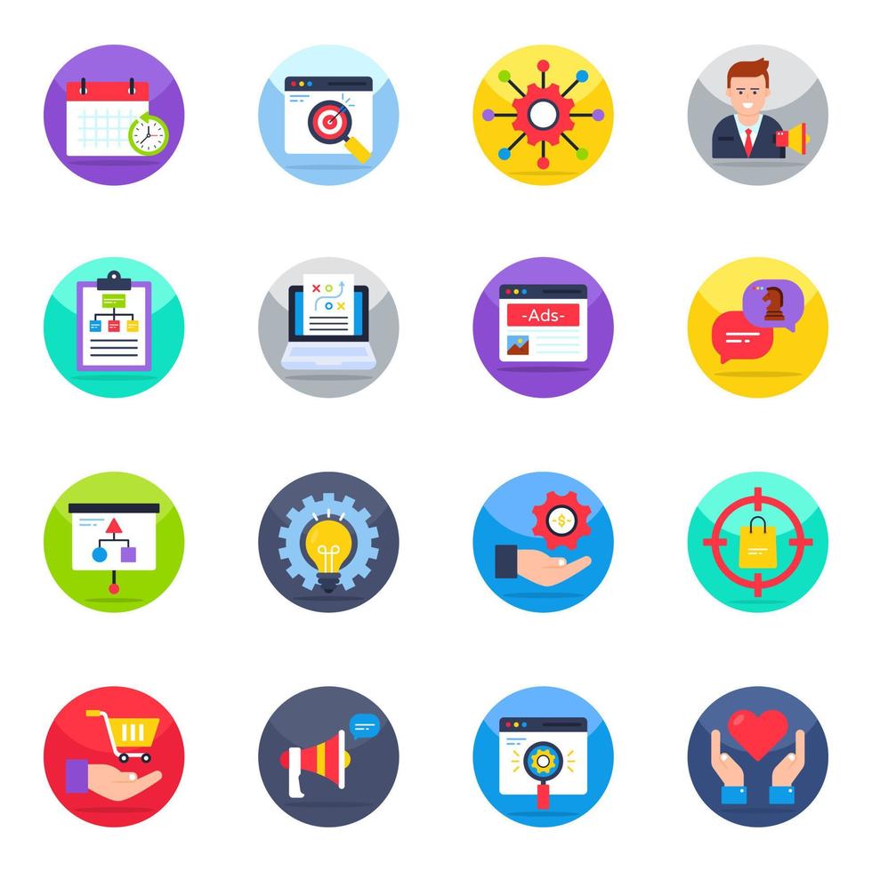 Pack of Strategy and Advertisement Flat Icons vector