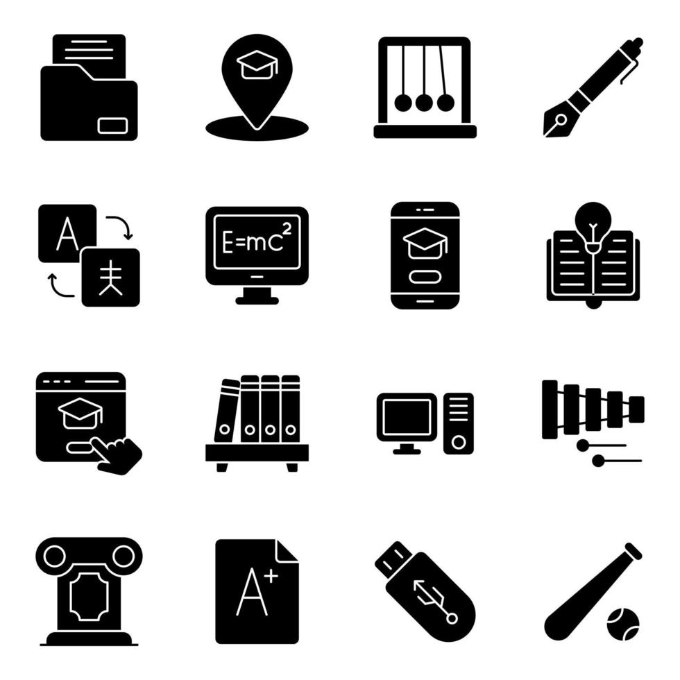 Pack of Online Education Solid Icons vector