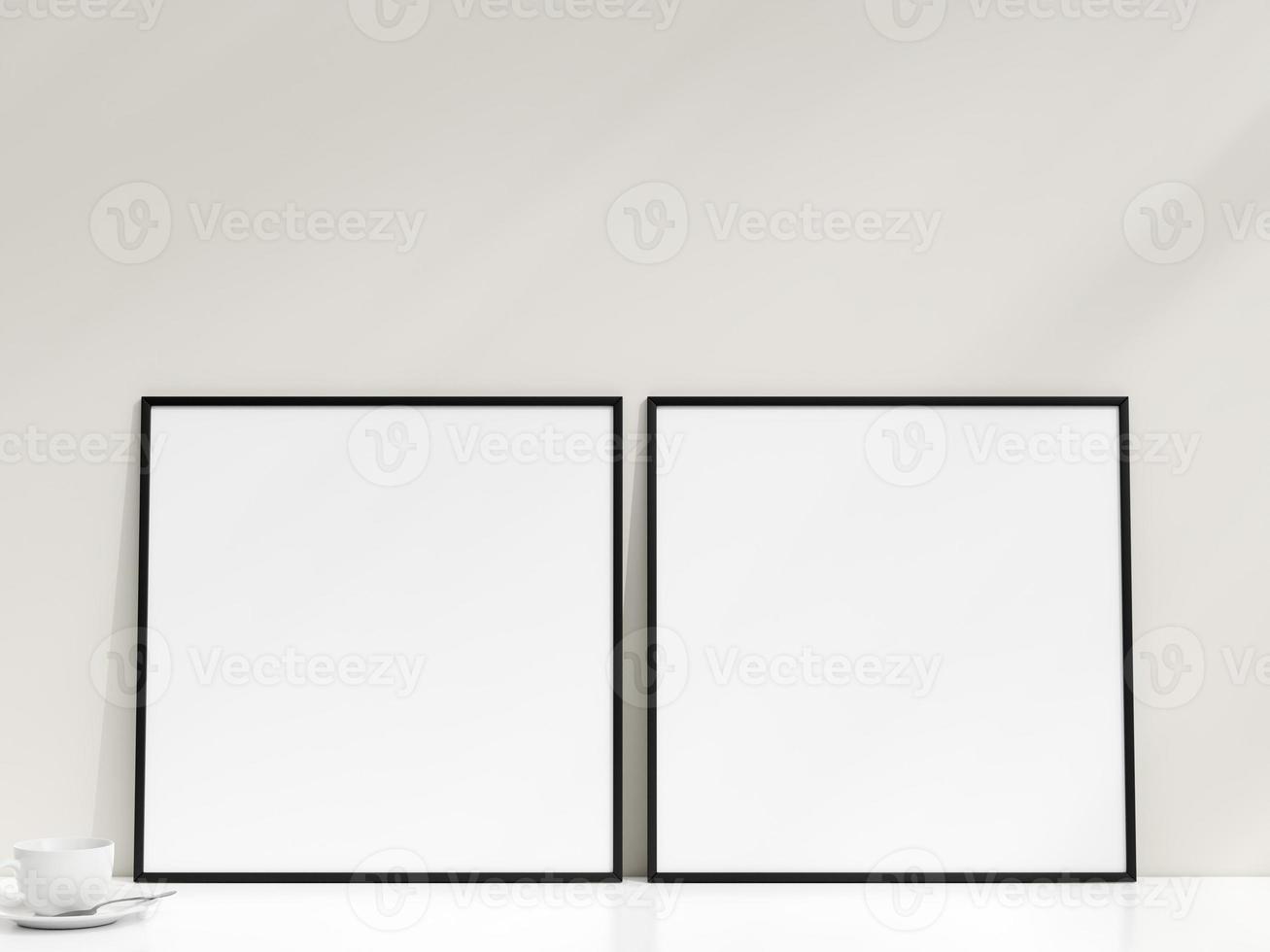 Interior poster mockup with photo frame leaning against the white wall. Minimalist photo frame mockup. Empty frame stands on white table. 3d rendering.