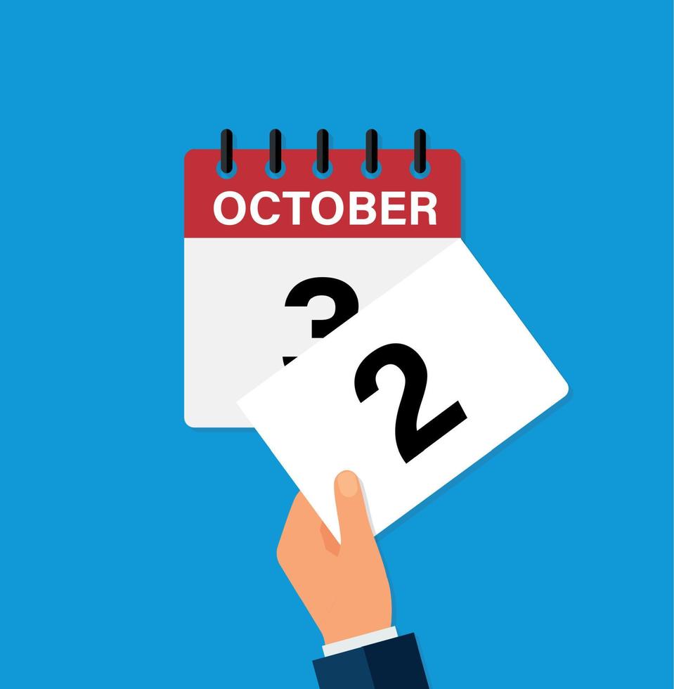 arrancar una hoja el 2 de octubre en un calendario de pared. la llegada de un nuevo día. ilustración vectorial plana. vector