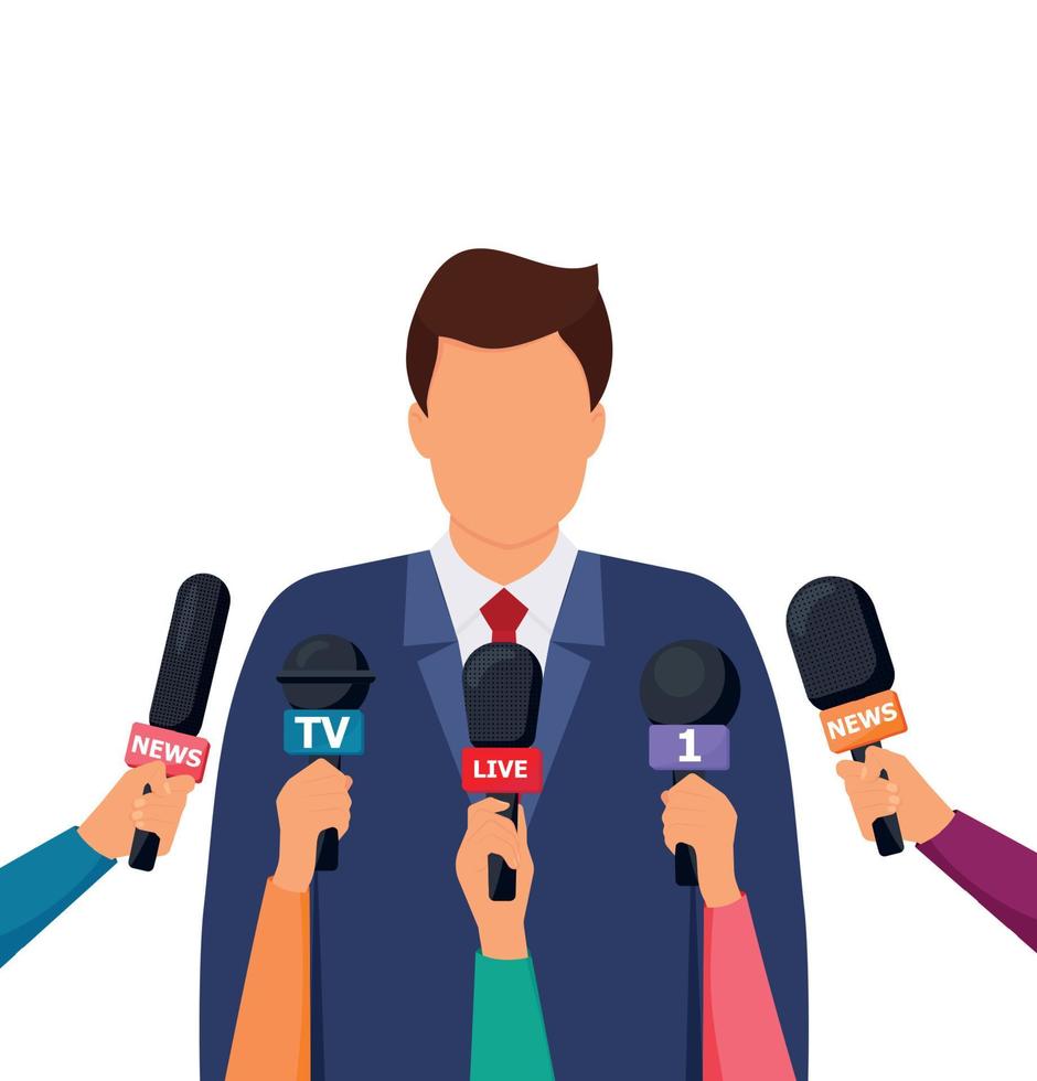 Press conference. Hands holding microphones and digital voice recorders. Rostrum, tribune with microphones. Modern flat design graphic elements. Vector illustration