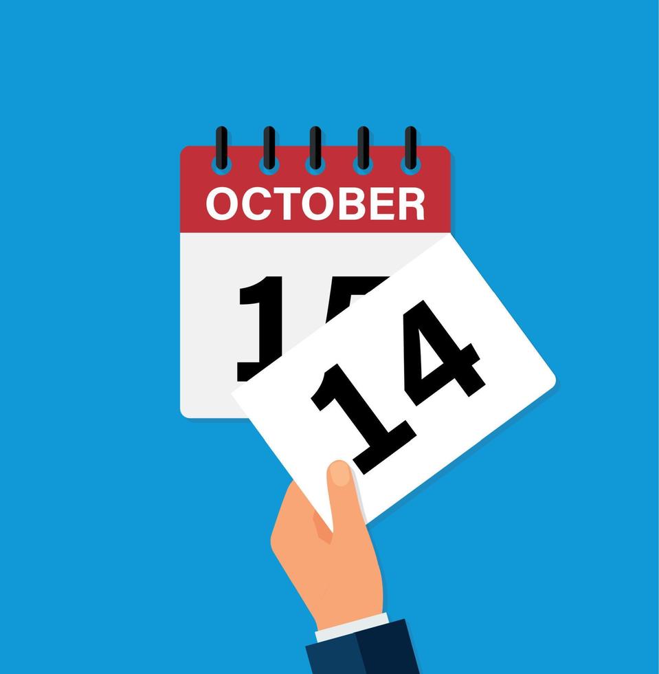 arrancar una hoja el 14 de octubre en un calendario de pared. la llegada de un nuevo día. ilustración vectorial plana. vector