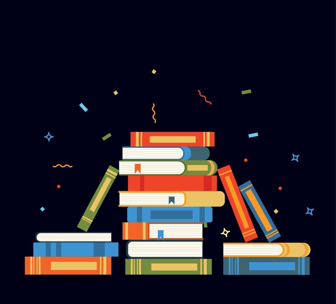 Book stack. Huge pile of books and encyclopedias, education and success concept, university library, academic and school knowledge flat cartoon isolated on green illustration vector