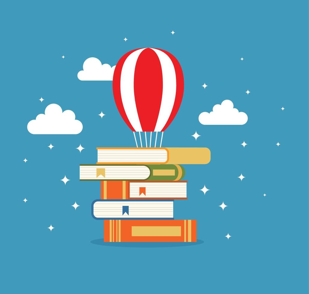 Stack of books with air balloon. Fantasy, fairy tale. Imagination and inspiration picture.Vector flat illustration. vector