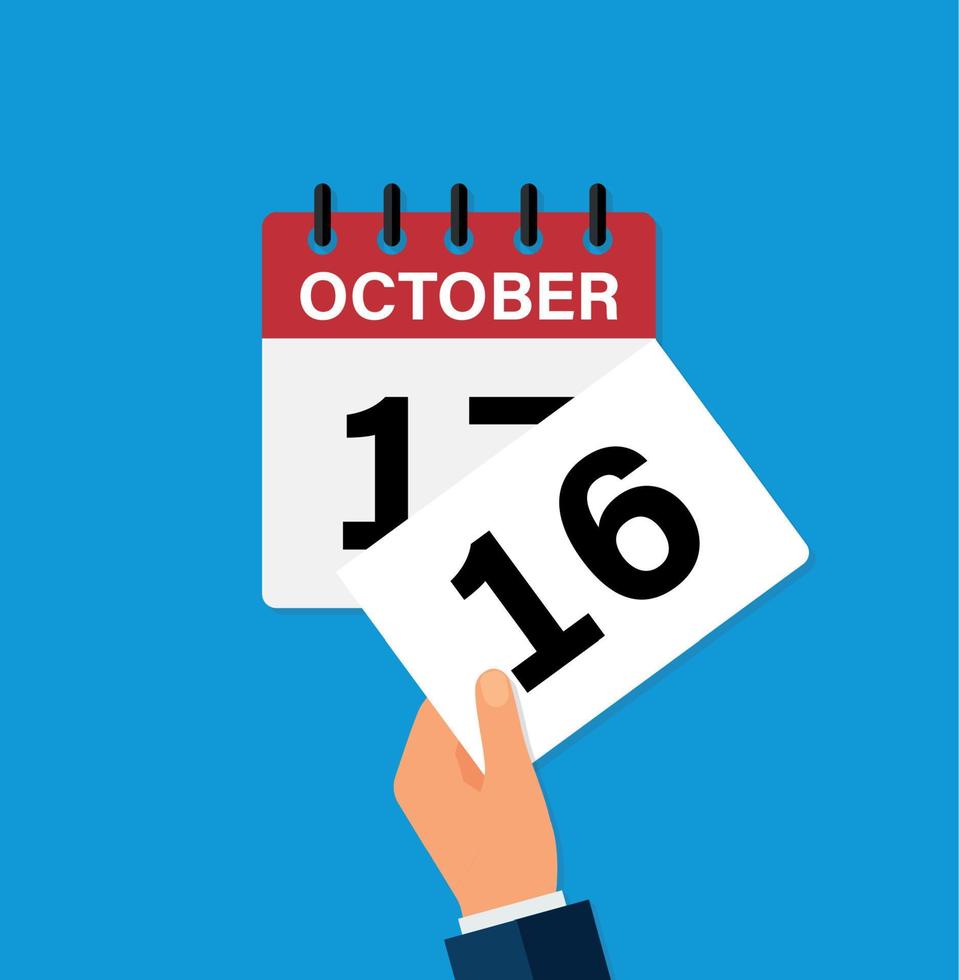 tear off a leaf october 16 on a wall calendar. the coming of a new day. flat vector illustration.