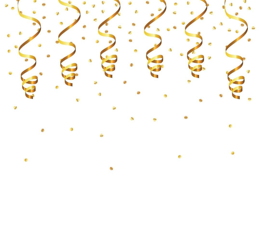 Golden Tiny Confetti And Streamer Ribbon Falling On Transparent Background. Vector