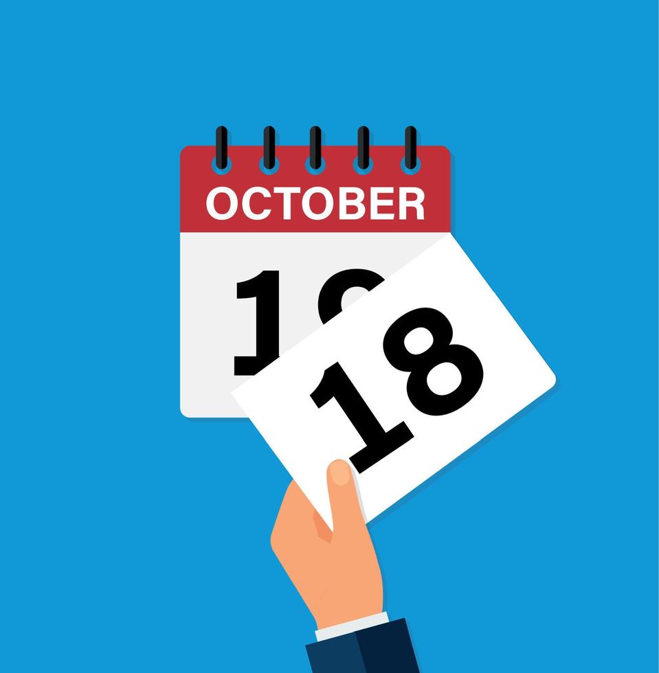 tear off a leaf october 18 on a wall calendar. the coming of a new day. flat vector illustration.
