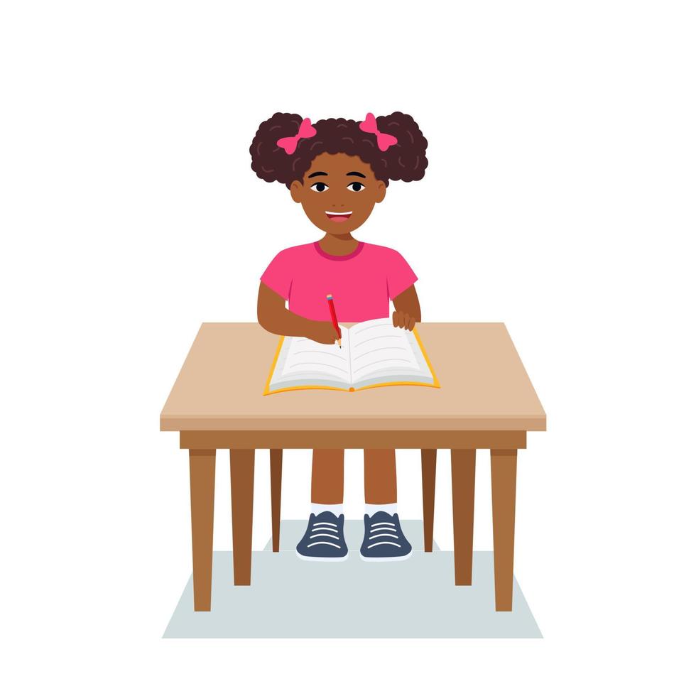girl are writing, kids doing homework, maths at home. Cartoon cute little boy in red shirt Siting on the desk. The concept of learning age. Vector illustrations isolated on white background.