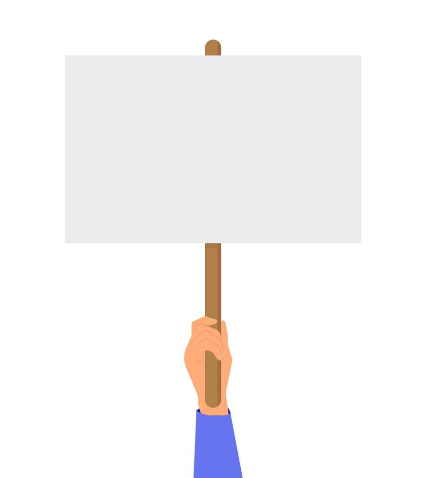 Empty sign in hand. Hands holding blank protest poster. Cartoon vector illustration. Placard and poster empty, protest announcement board